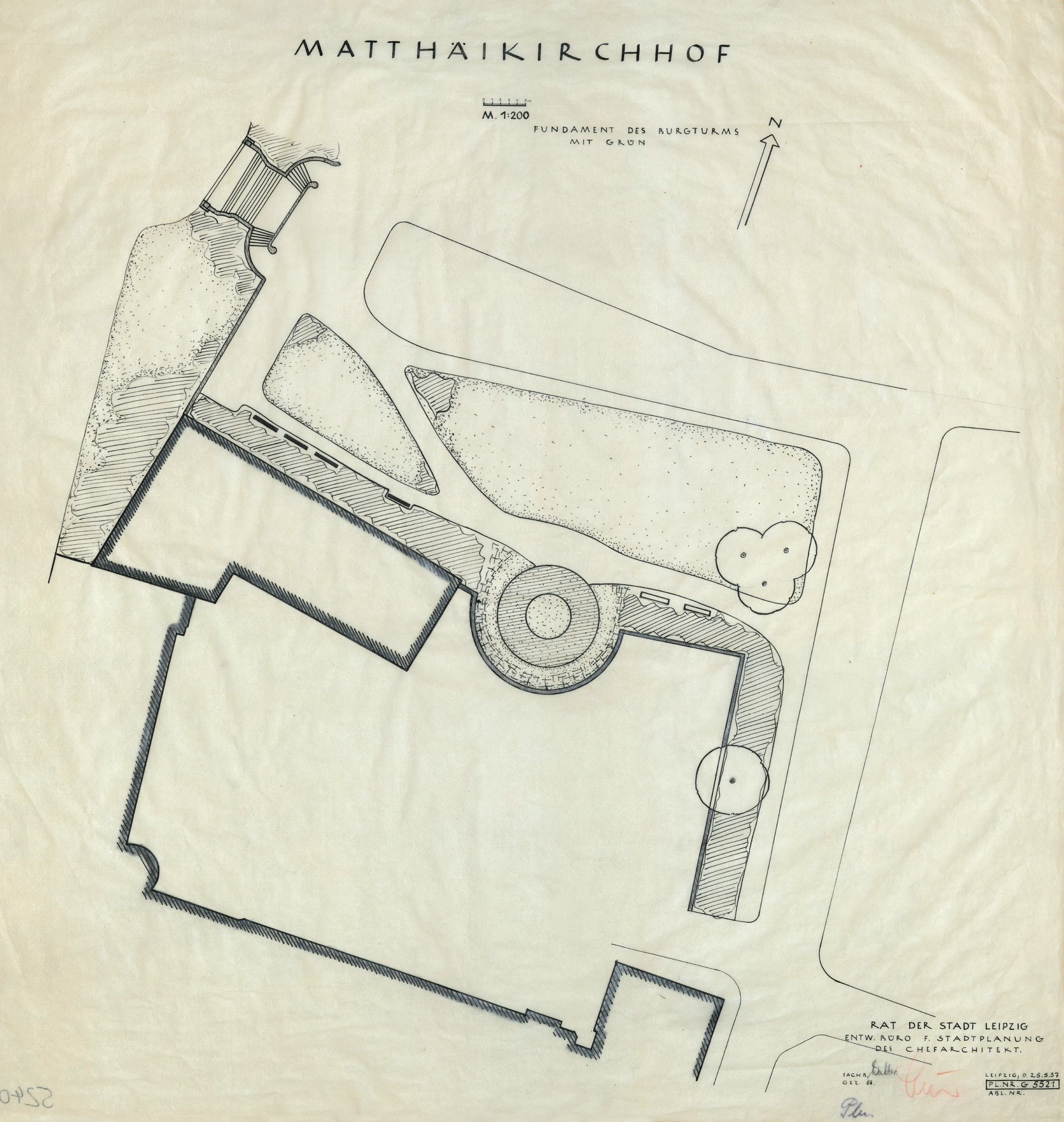 Plan des Matthäikirchhofes mit Präsentation des Turmfundaments des Burgturms im städtebaulichen Kontext vom 25.05.1957 (Stadtarchiv Leipzig, BCA 5240)